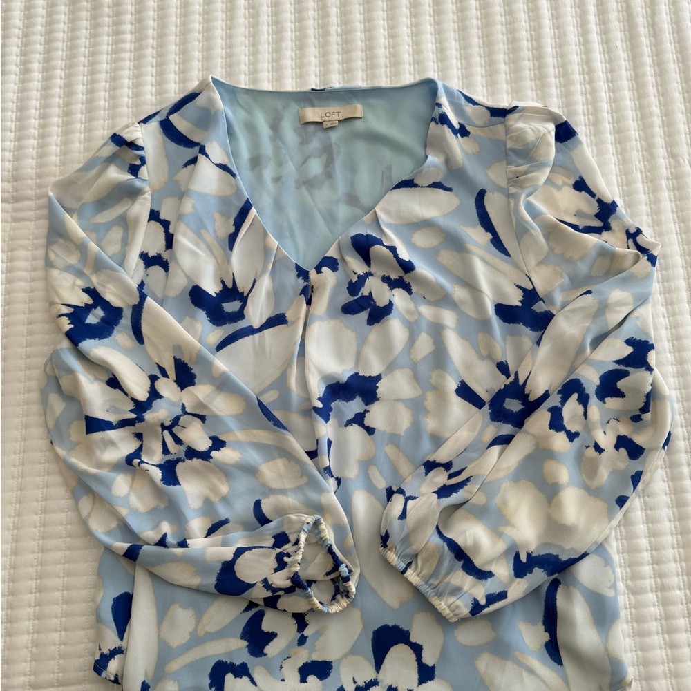 LOFT Light Blue and White Patterned Blouse